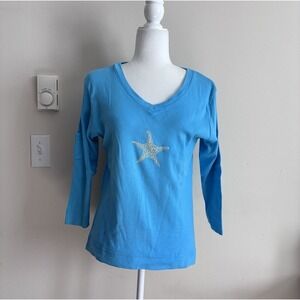 Y2K Fresh Produce Coastal Nautical 3D Starfish V Neck Blue Top Womens Medium